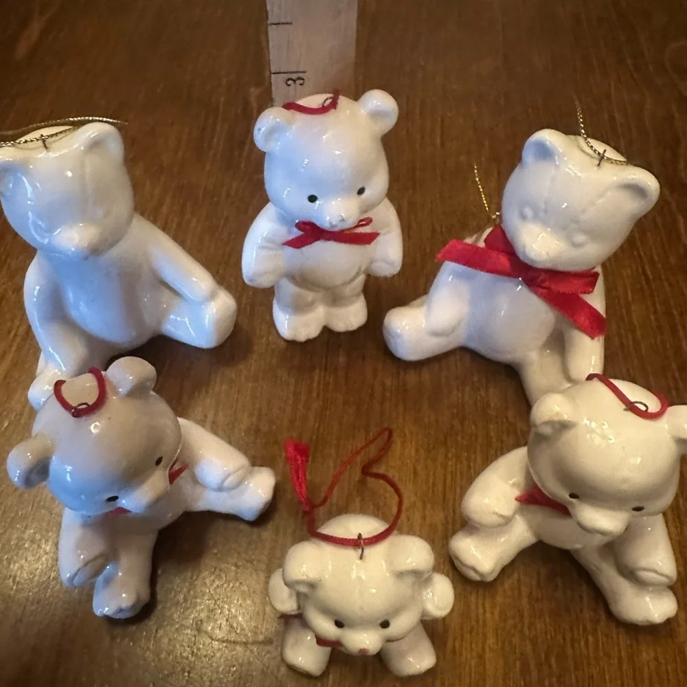 Vintage White Bear Ornament Set with Red Accents